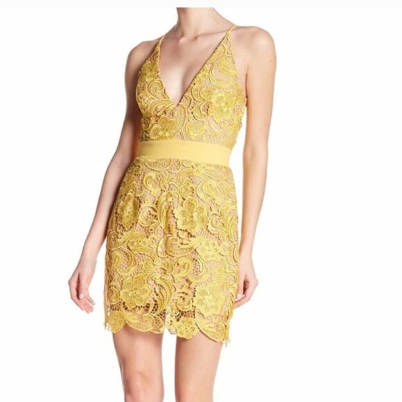 Dress the Population Ava Yellow Lace Mini Dress Large V-Neck Sleeveless Lined - Picture 1 of 15